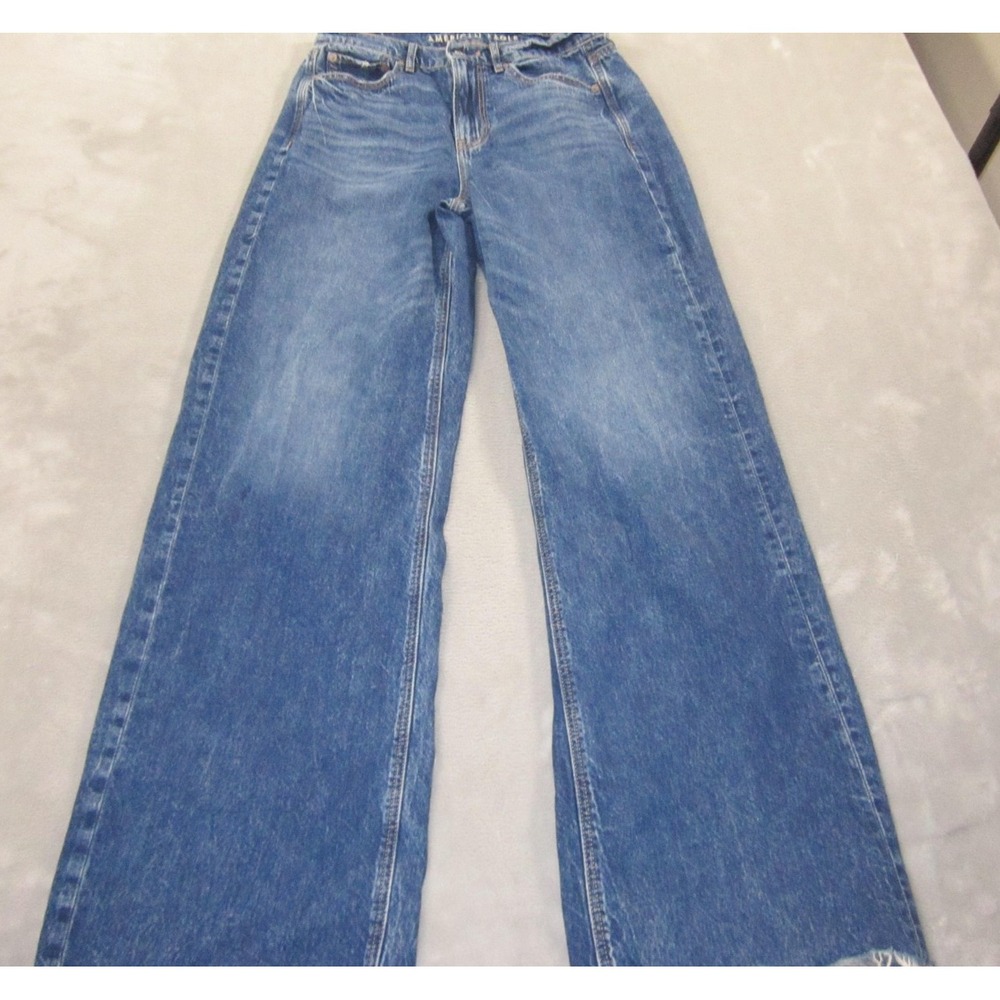 American Eagle Jeans Womens 4 Long Blue Super High-Rise Baggy Wide Leg Raw Hem